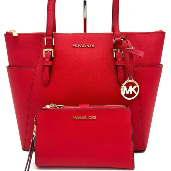 Michael Kors Large Charlotte Tote Bag & Large Double Zip Wallet Bright Red